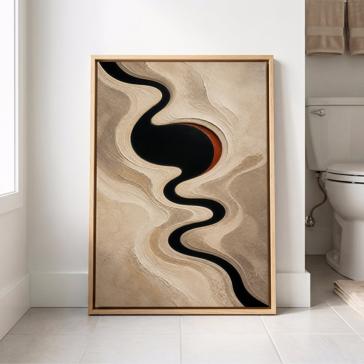 Sable Meander, black, beige, white abstract wall art displayed in a styled interior, gallery view 8