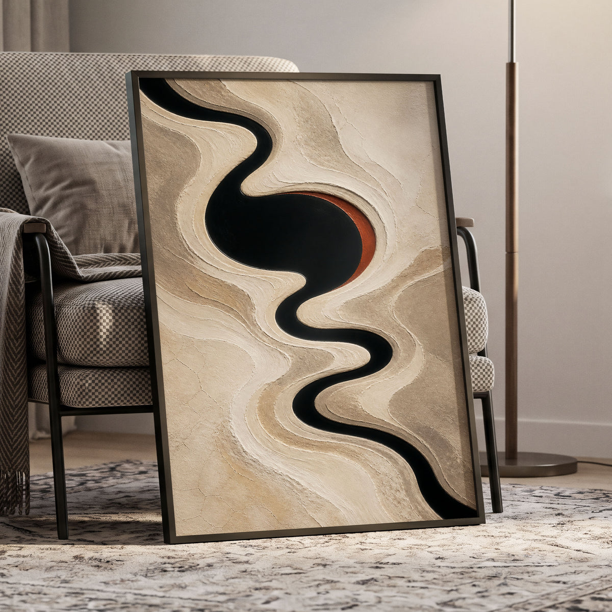 Sable Meander, black, beige, white abstract wall art displayed in a styled interior, gallery view 9