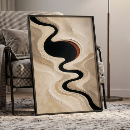 Sable Meander, black, beige, white abstract wall art displayed in a styled interior, gallery view 9