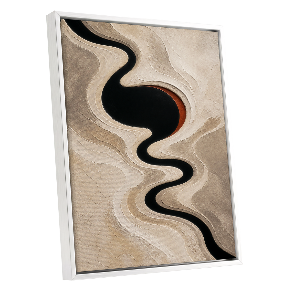 Sable Meander, black, beige, white abstract wall art shown as a white framed canvas wall art