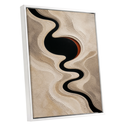 Sable Meander, black, beige, white abstract wall art shown as a white framed canvas wall art