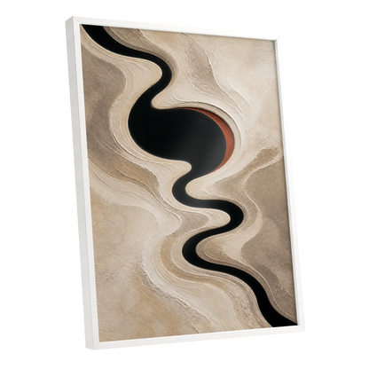 Sable Meander, black, beige, white abstract wall art shown as a white framed poster wall art print