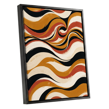 Saffron Currents, black, gold, beige abstract wall art shown as a black framed canvas wall art