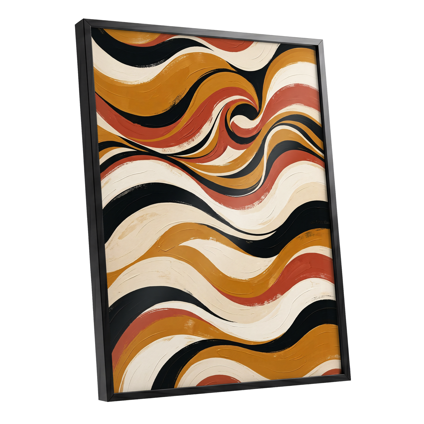 Saffron Currents, black, gold, beige abstract wall art shown as a black framed poster wall art print