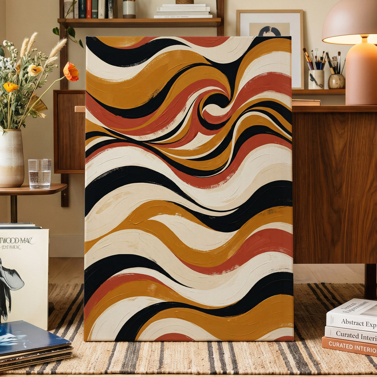 Saffron Currents, black, gold, beige abstract wall art on canvas displayed in a styled interior, gallery view 1