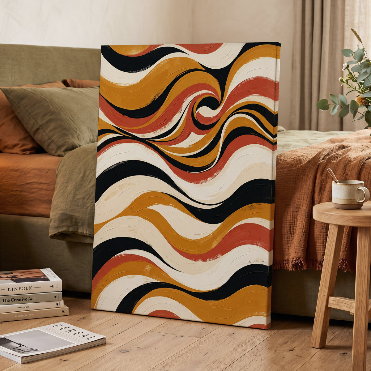 Saffron Currents, black, gold, beige abstract wall art on canvas displayed in a styled interior, gallery view 2