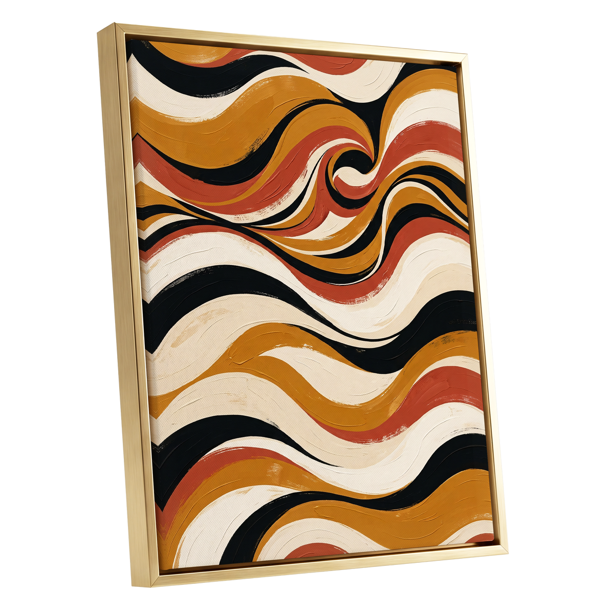 Saffron Currents, black, gold, beige abstract wall art shown as a gold framed canvas wall art