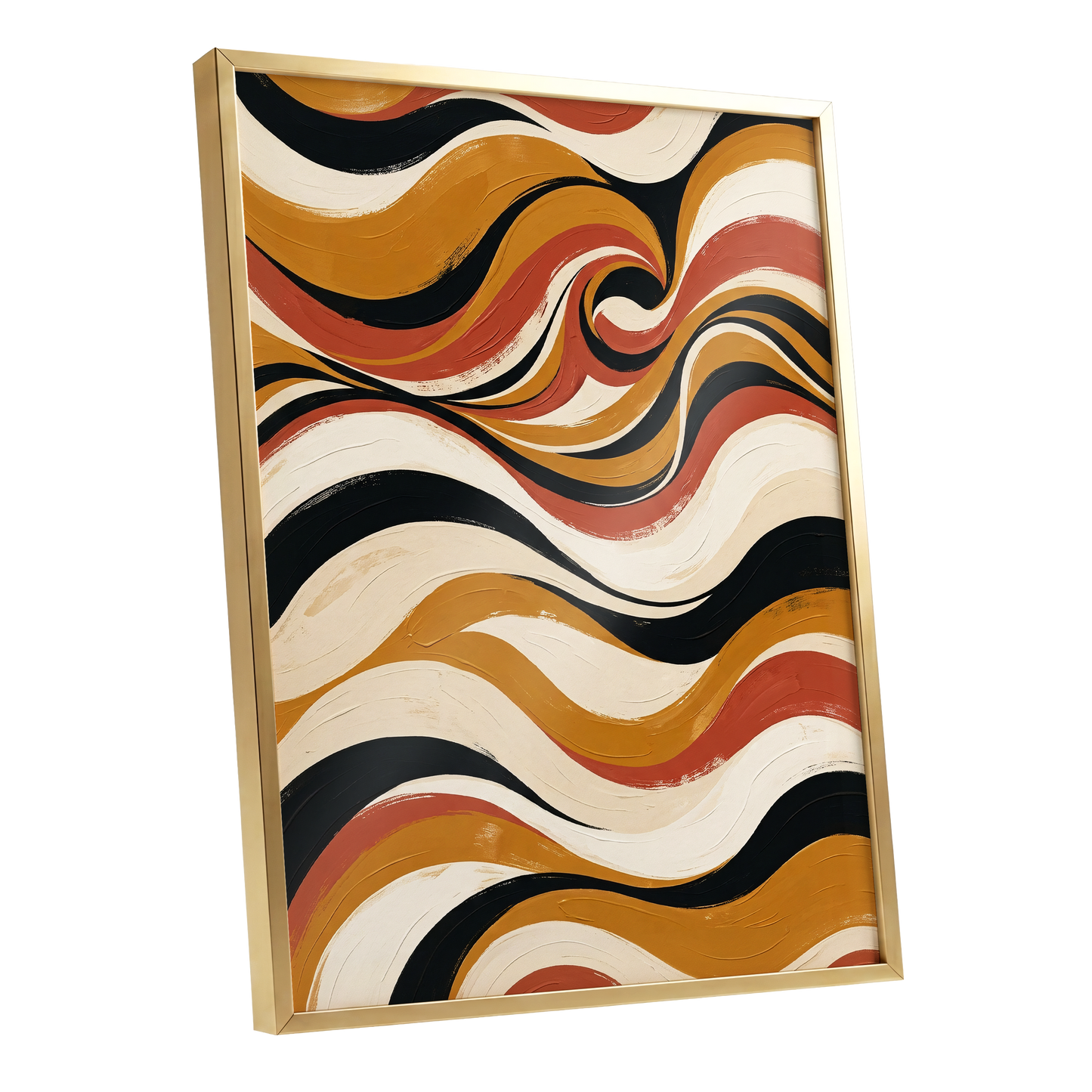 Saffron Currents, black, gold, beige abstract wall art shown as a gold framed poster wall art print
