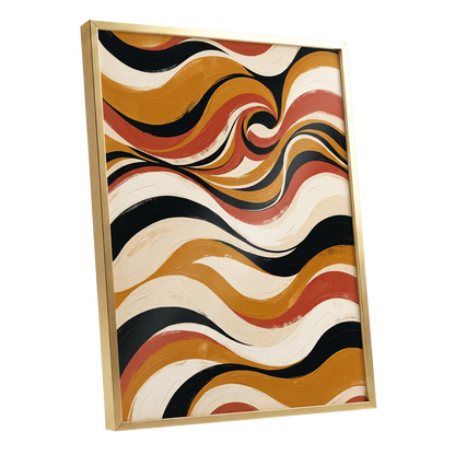 Saffron Currents, black, gold, beige abstract wall art shown as a gold framed poster wall art print