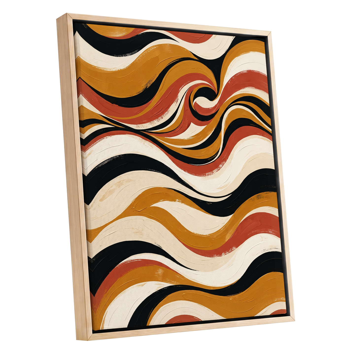 Saffron Currents, black, gold, beige abstract wall art shown as a oak framed canvas wall art
