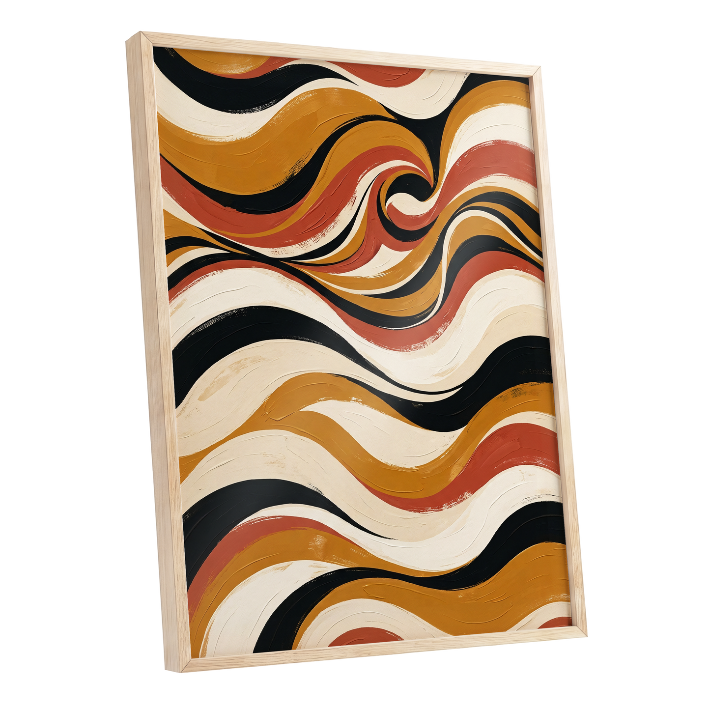 Saffron Currents, black, gold, beige abstract wall art shown as a oak framed poster wall art print