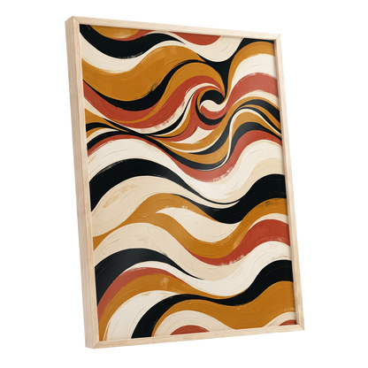 Saffron Currents, black, gold, beige abstract wall art shown as a oak framed poster wall art print