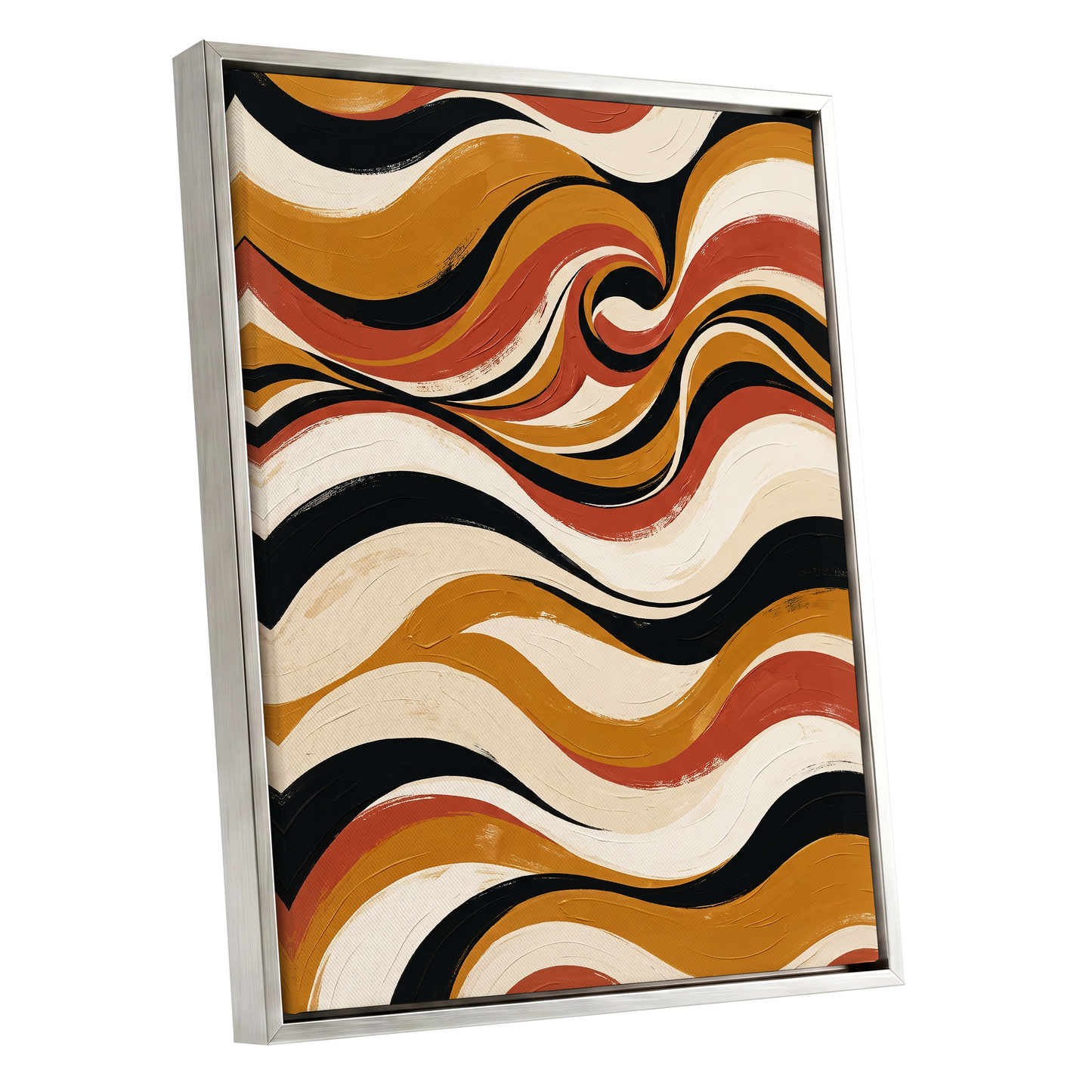 Saffron Currents, black, gold, beige abstract wall art shown as a silver framed canvas wall art