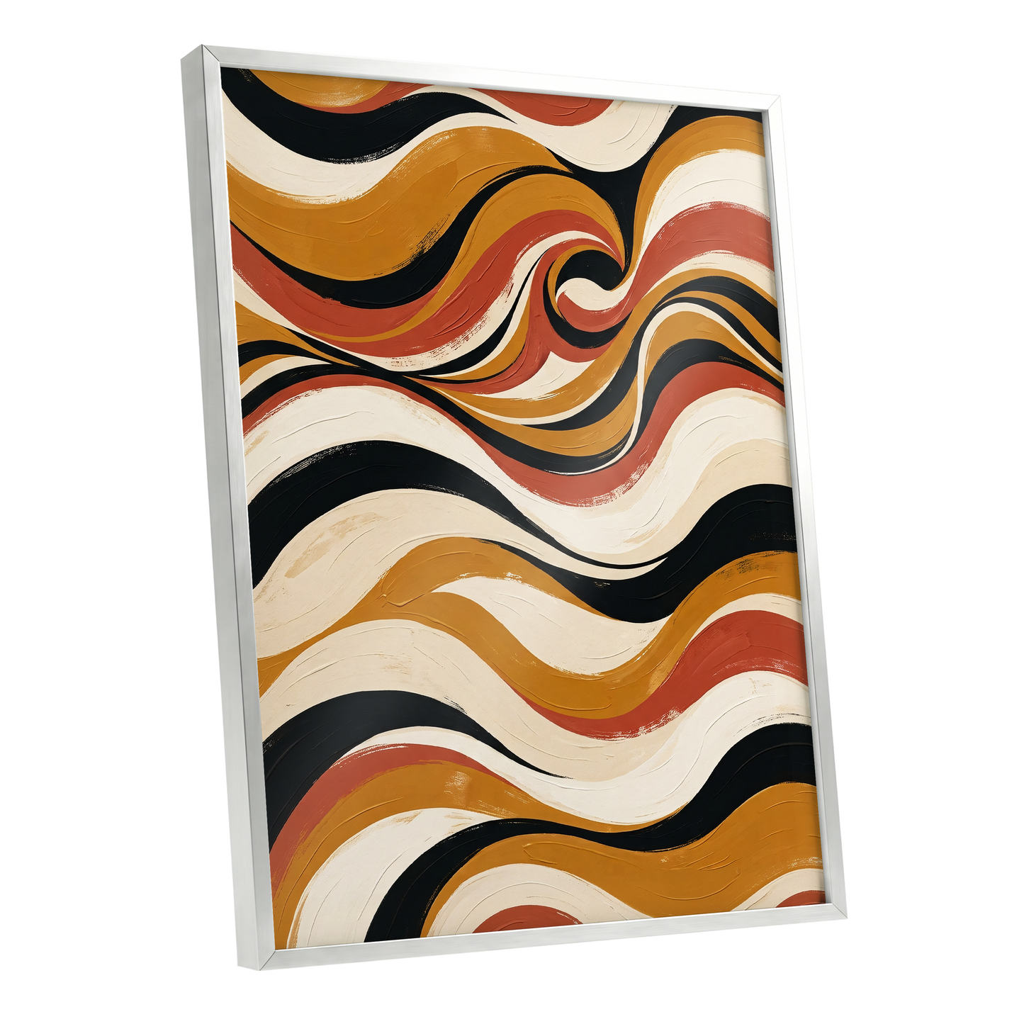 Saffron Currents, black, gold, beige abstract wall art shown as a silver framed poster wall art print