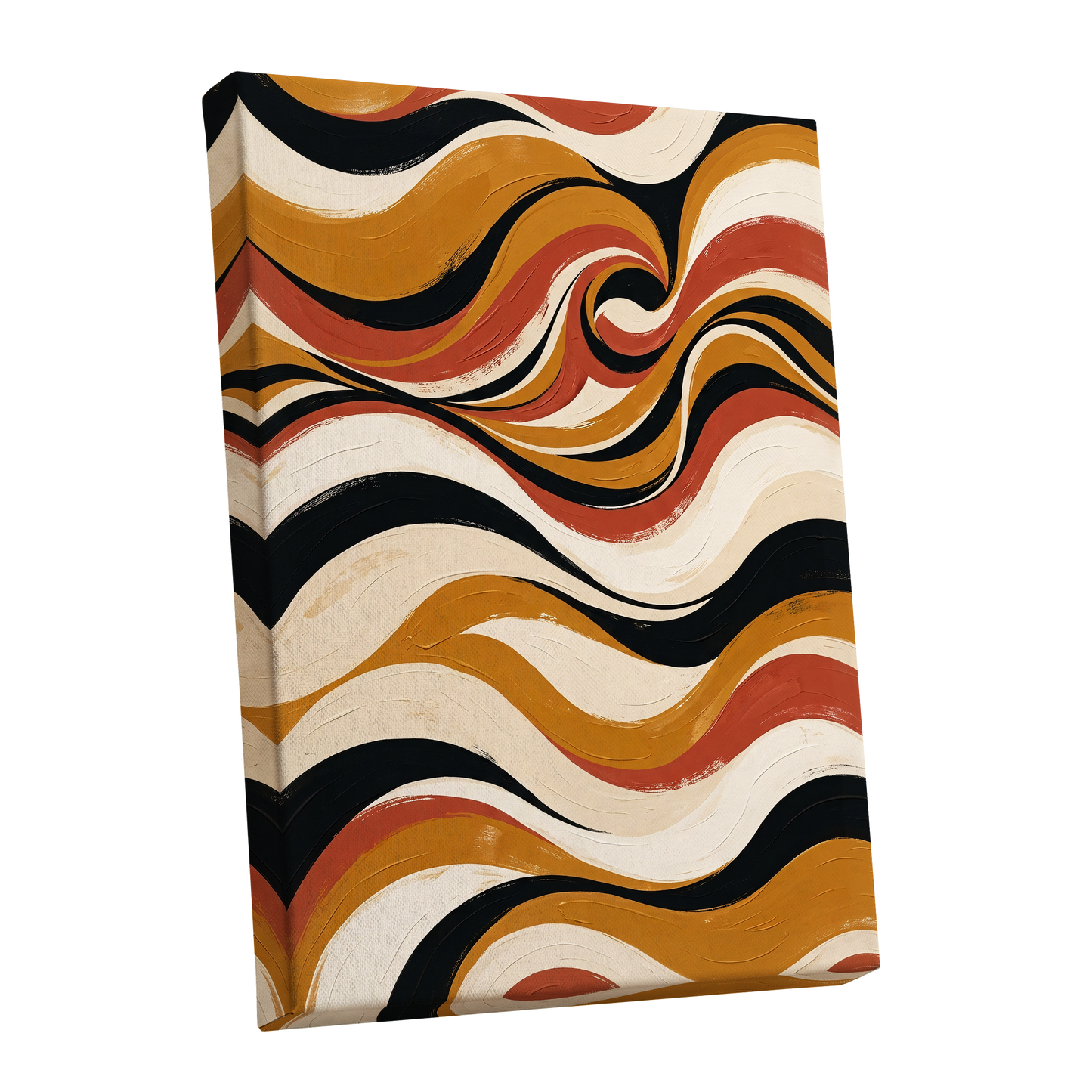 Saffron Currents, black, gold, beige abstract wall art shown as a stretched canvas wall art