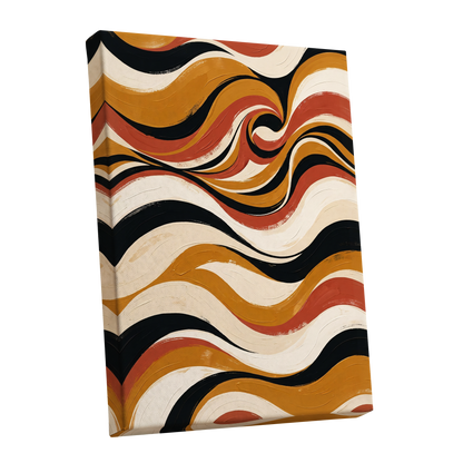 Saffron Currents, black, gold, beige abstract wall art shown as a stretched canvas wall art