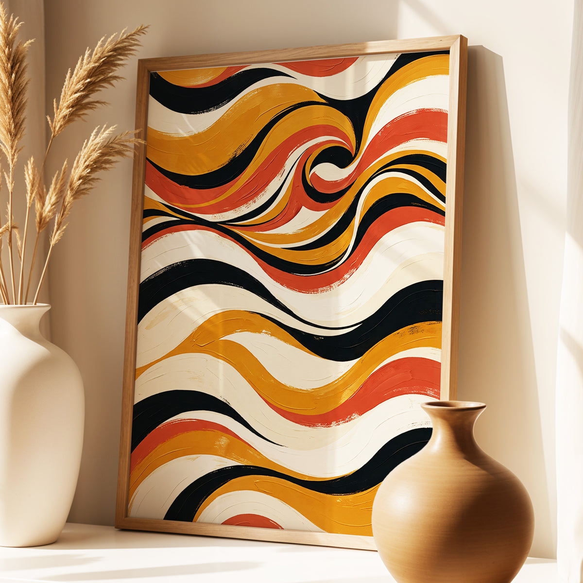 Saffron Currents, black, gold, beige abstract wall art displayed in a styled interior, gallery view 1