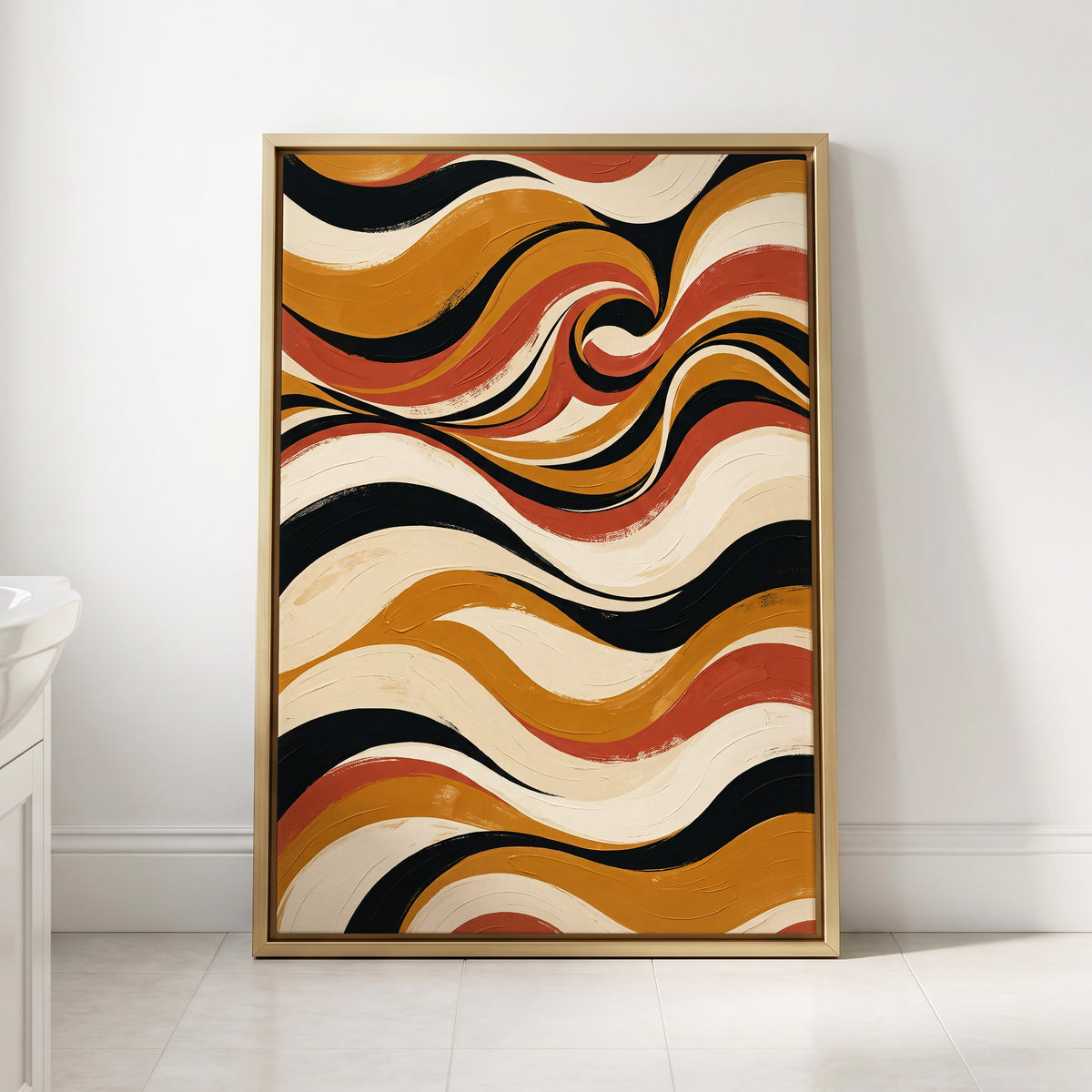 Saffron Currents, black, gold, beige abstract wall art displayed in a styled interior, gallery view 2