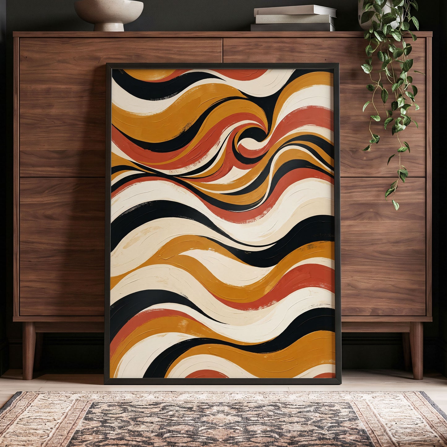 Saffron Currents, black, gold, beige abstract wall art displayed in a styled interior, gallery view 4