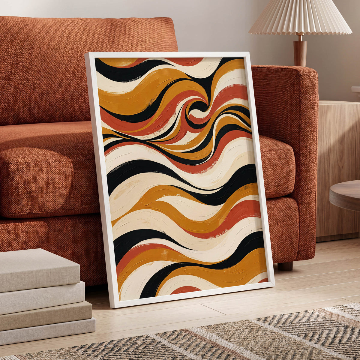 Saffron Currents, black, gold, beige abstract wall art displayed in a styled interior, gallery view 5