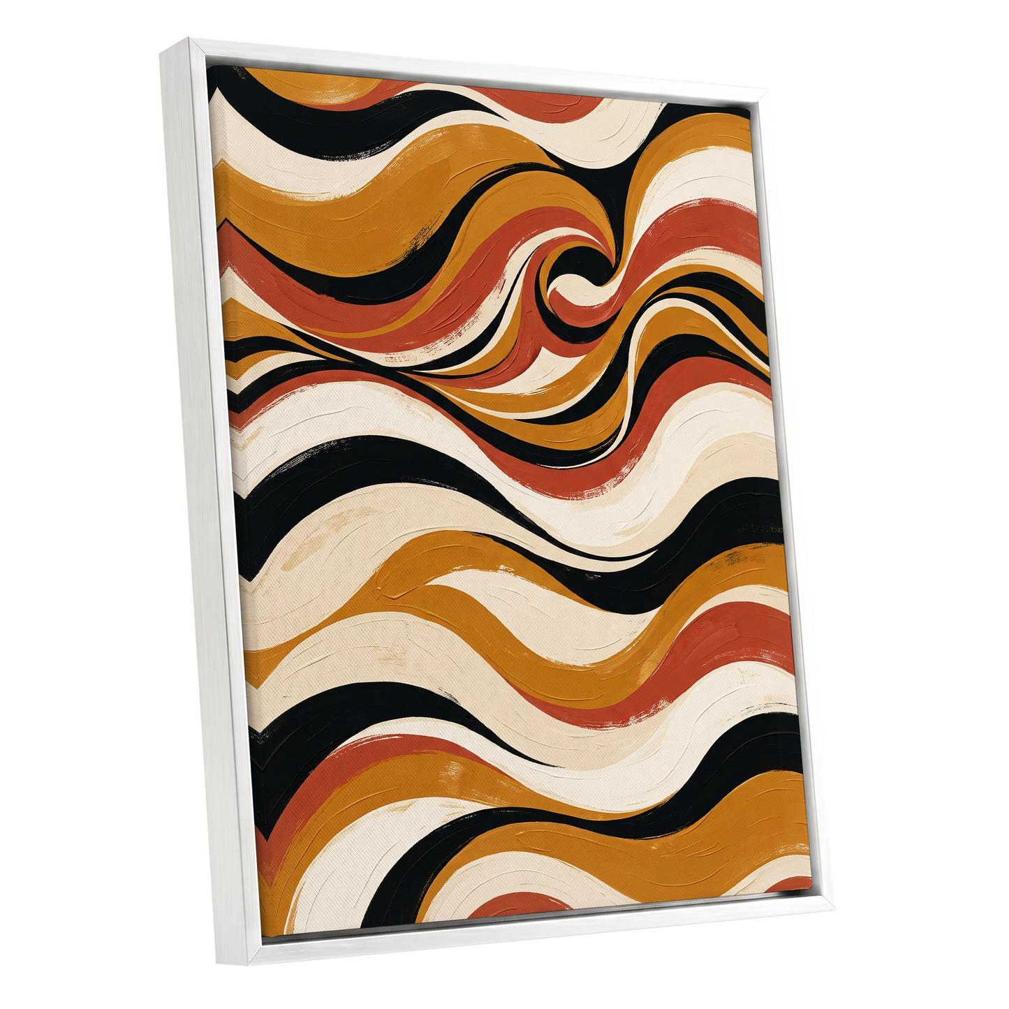 Saffron Currents, black, gold, beige abstract wall art shown as a white framed canvas wall art