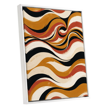 Saffron Currents, black, gold, beige abstract wall art shown as a white framed canvas wall art