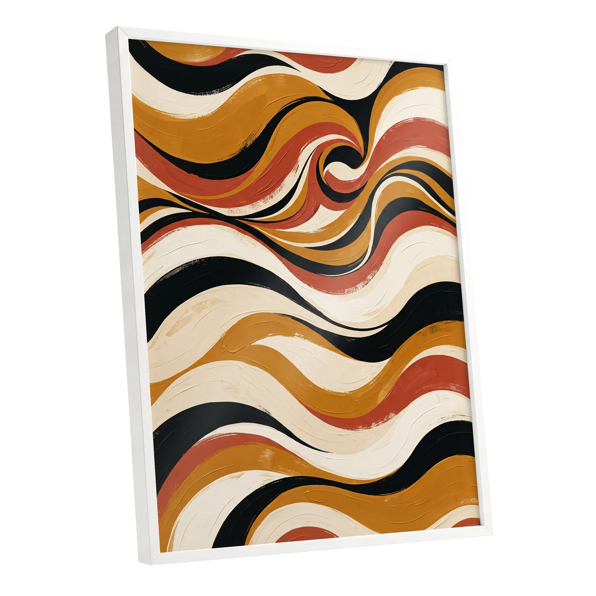 Saffron Currents, black, gold, beige abstract wall art shown as a white framed poster wall art print