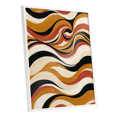 Saffron Currents, black, gold, beige abstract wall art shown as a white framed poster wall art print