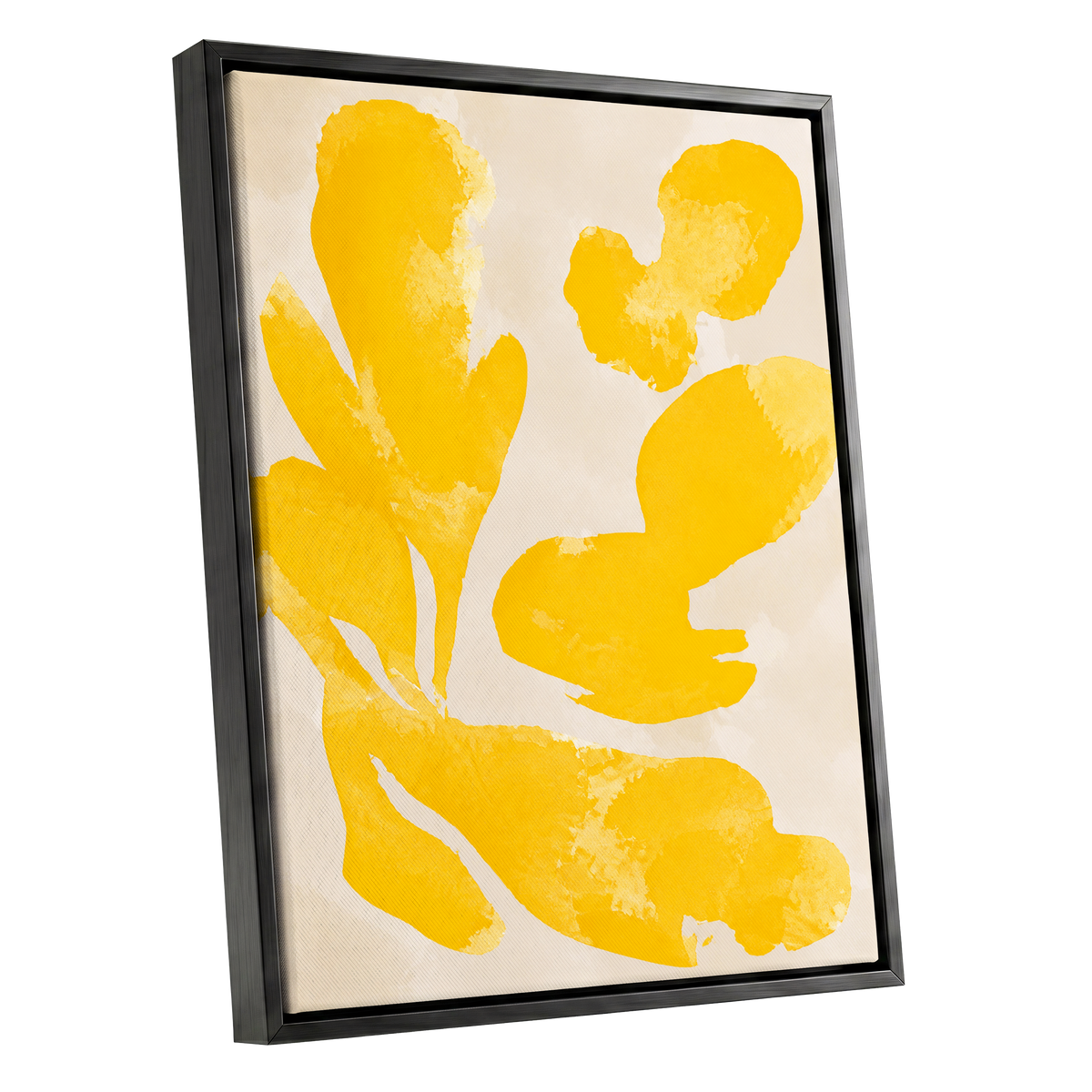 Saffron Drift, yellow, beige, white abstract wall art shown as a black framed canvas wall art