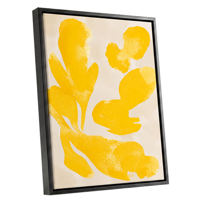 Saffron Drift, yellow, beige, white abstract wall art shown as a black framed canvas wall art