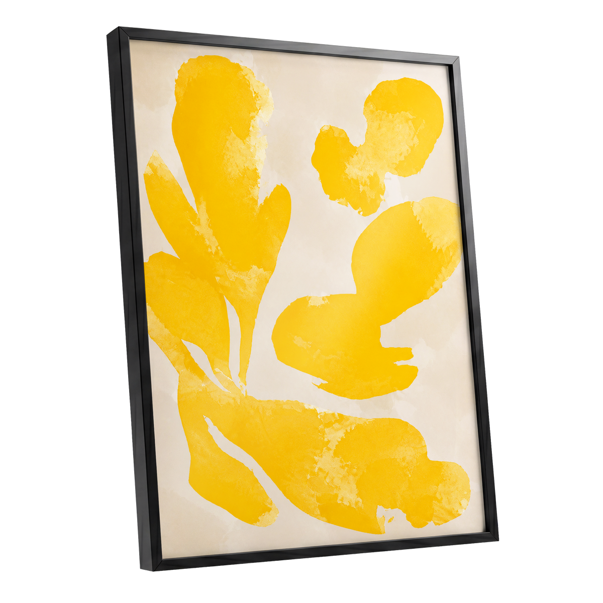 Saffron Drift, yellow, beige, white abstract wall art shown as a black framed poster wall art print