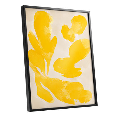 Saffron Drift, yellow, beige, white abstract wall art shown as a black framed poster wall art print