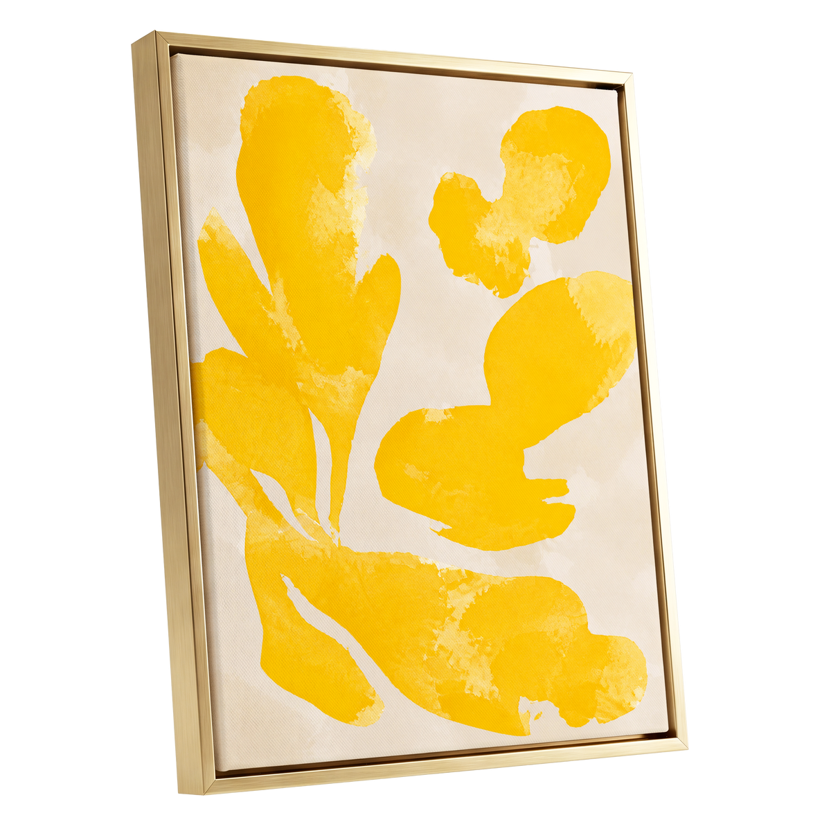 Saffron Drift, yellow, beige, white abstract wall art shown as a gold framed canvas wall art