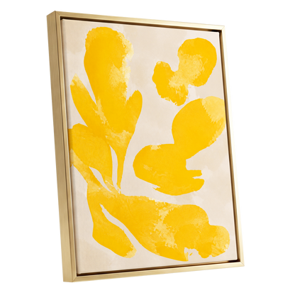Saffron Drift, yellow, beige, white abstract wall art shown as a gold framed canvas wall art