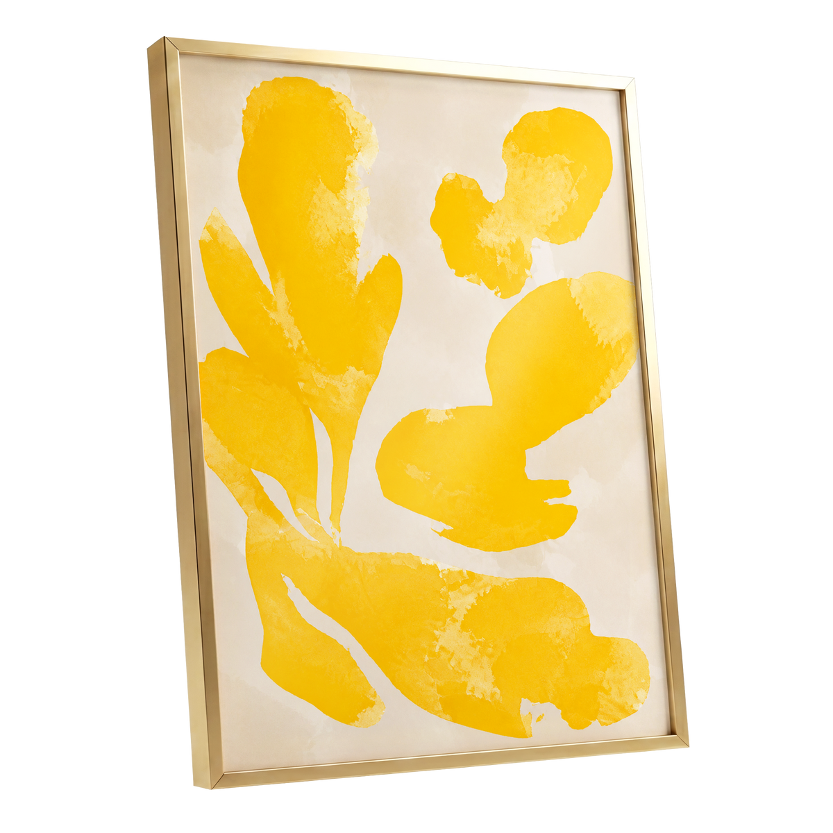 Saffron Drift, yellow, beige, white abstract wall art shown as a gold framed poster wall art print