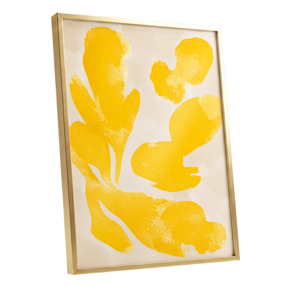 Saffron Drift, yellow, beige, white abstract wall art shown as a gold framed poster wall art print