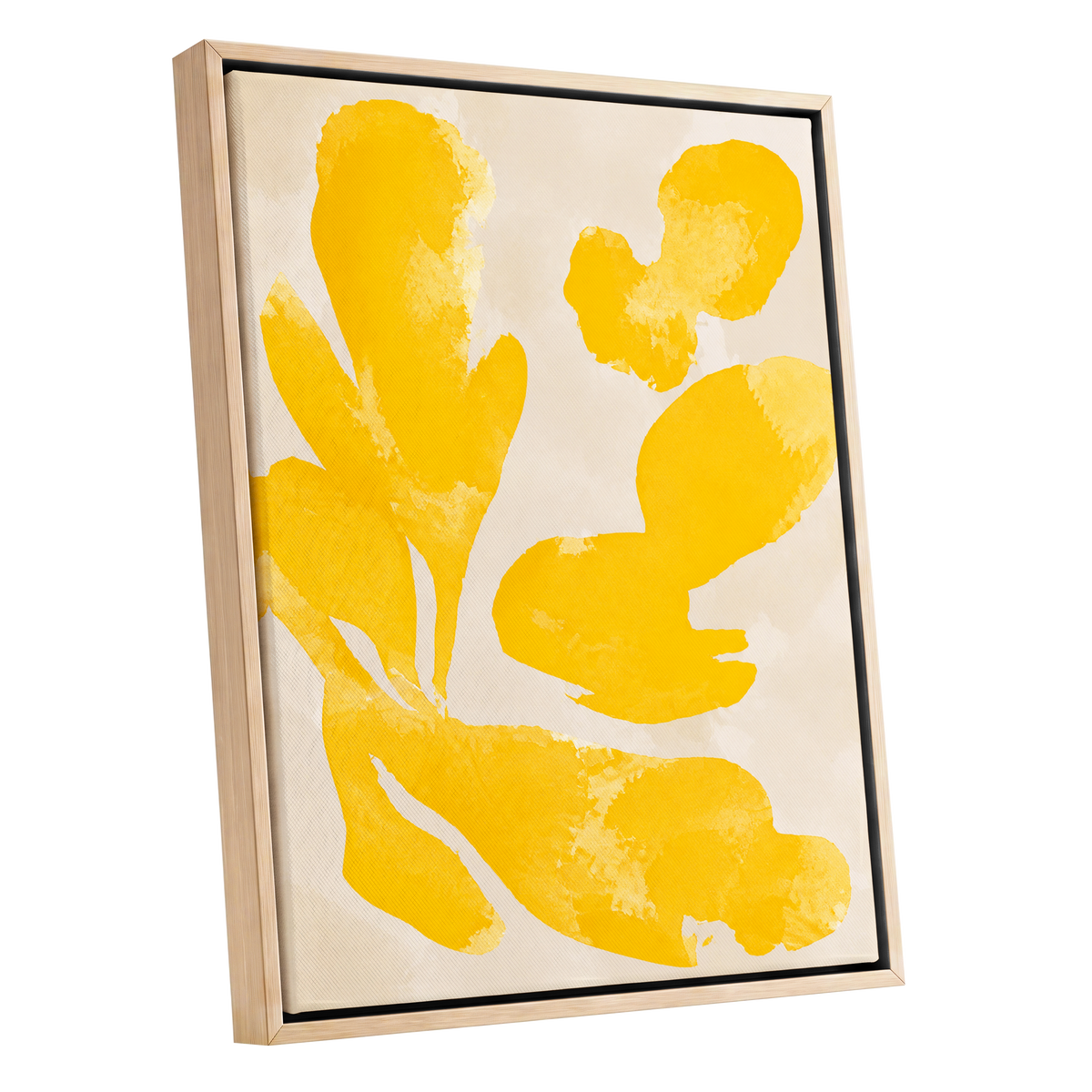 Saffron Drift, yellow, beige, white abstract wall art shown as a oak framed canvas wall art