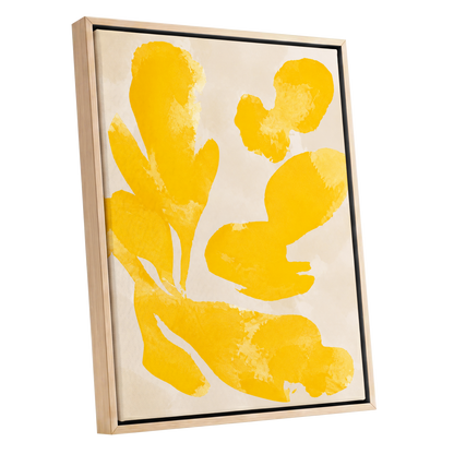 Saffron Drift, yellow, beige, white abstract wall art shown as a oak framed canvas wall art