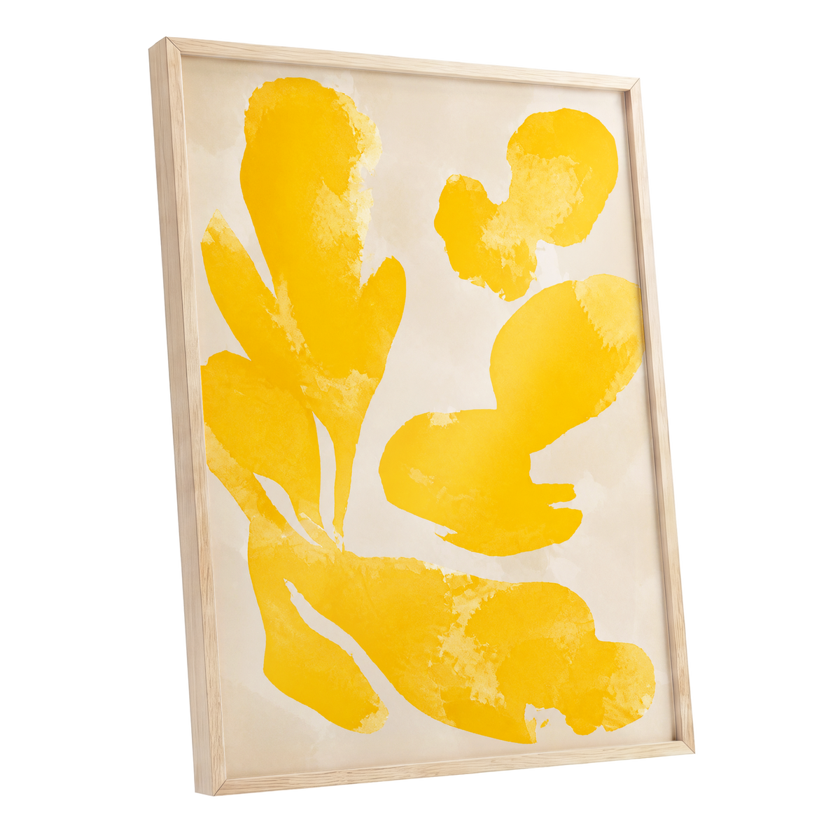 Saffron Drift, yellow, beige, white abstract wall art shown as a oak framed poster wall art print