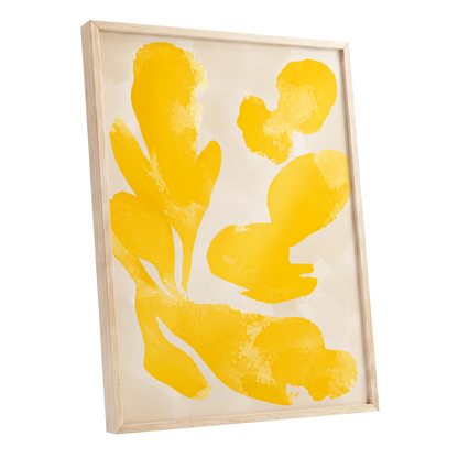Saffron Drift, yellow, beige, white abstract wall art shown as a oak framed poster wall art print