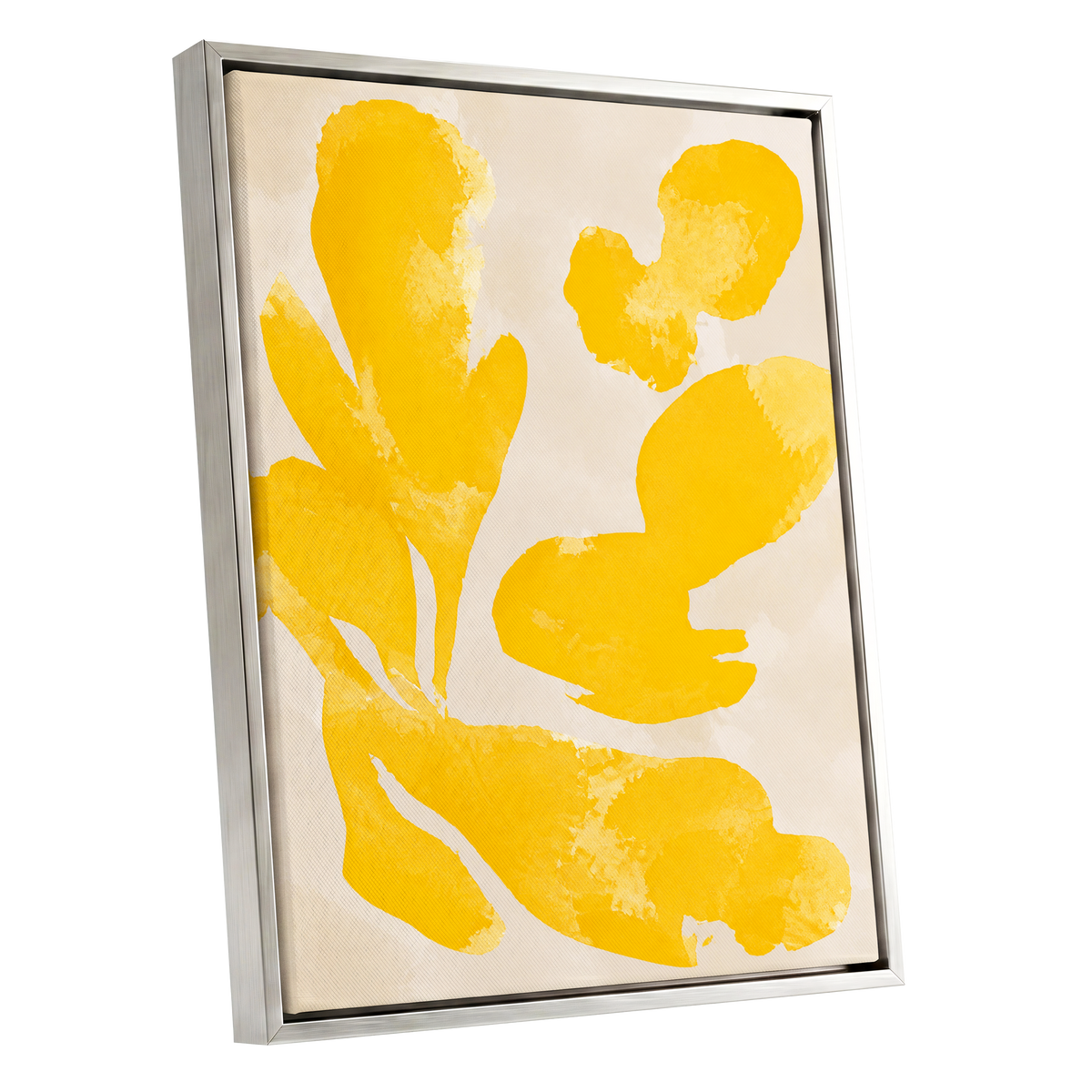 Saffron Drift, yellow, beige, white abstract wall art shown as a silver framed canvas wall art