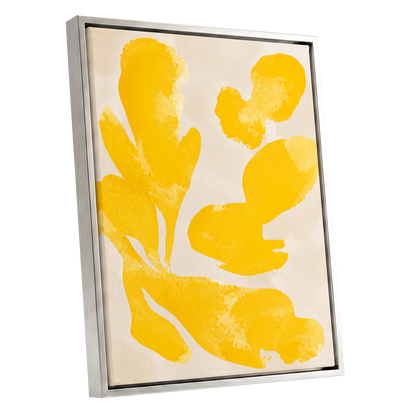 Saffron Drift, yellow, beige, white abstract wall art shown as a silver framed canvas wall art