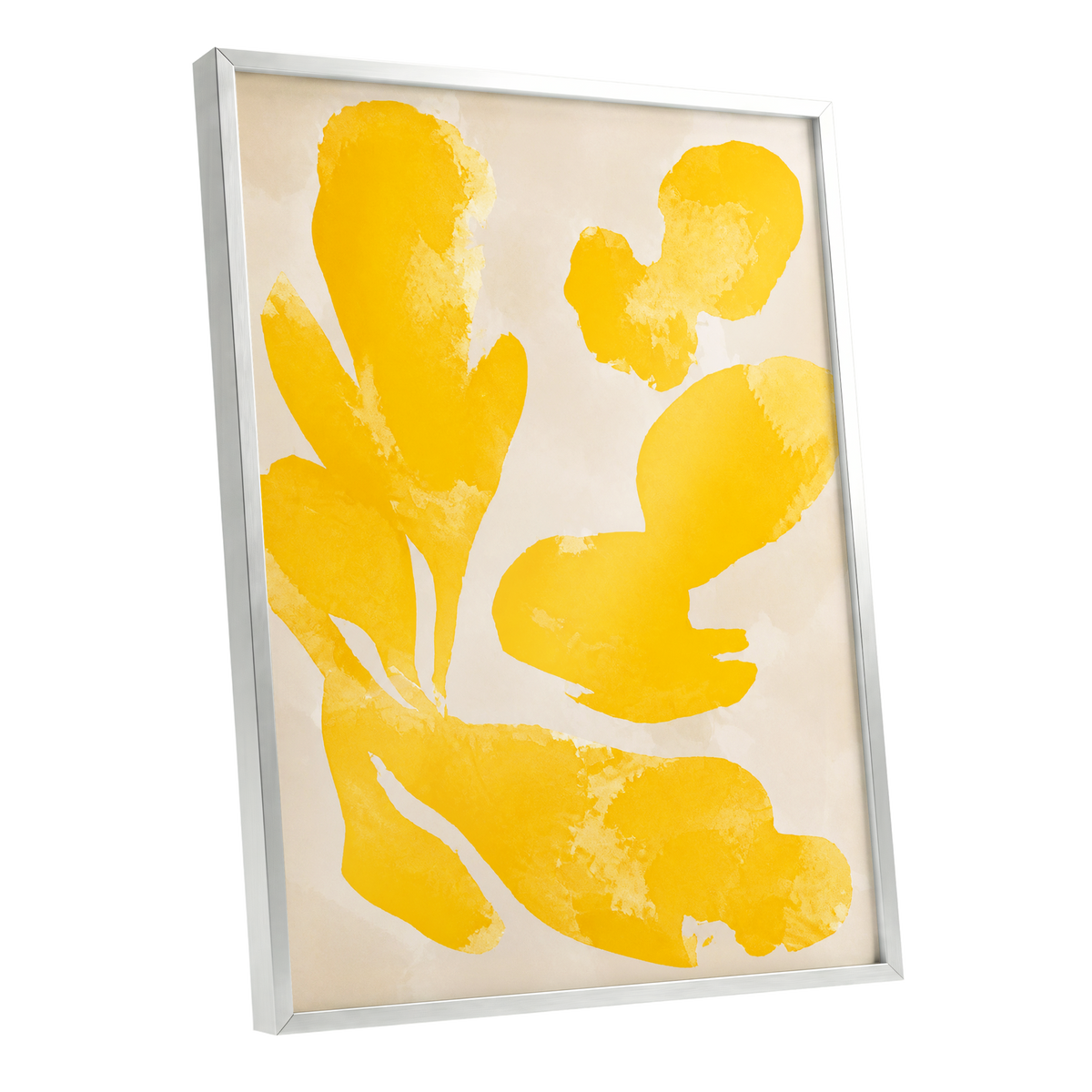 Saffron Drift, yellow, beige, white abstract wall art shown as a silver framed poster wall art print