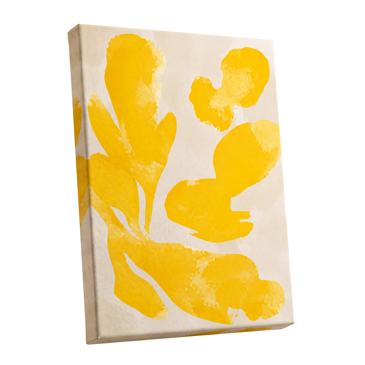 Saffron Drift, yellow, beige, white abstract wall art shown as a stretched canvas wall art