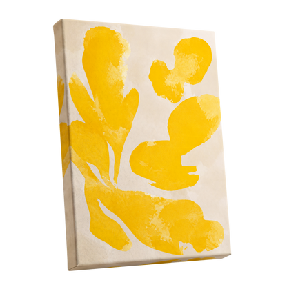 Saffron Drift, yellow, beige, white abstract wall art shown as a stretched canvas wall art