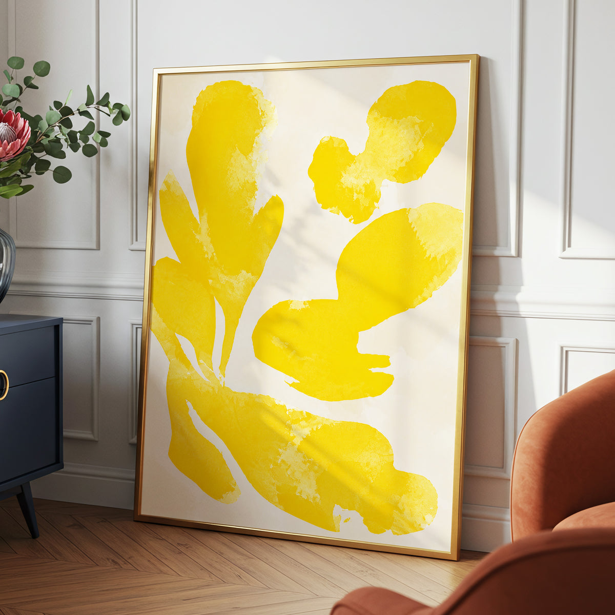 Saffron Drift, yellow, beige, white abstract wall art displayed in a styled interior, gallery view 2