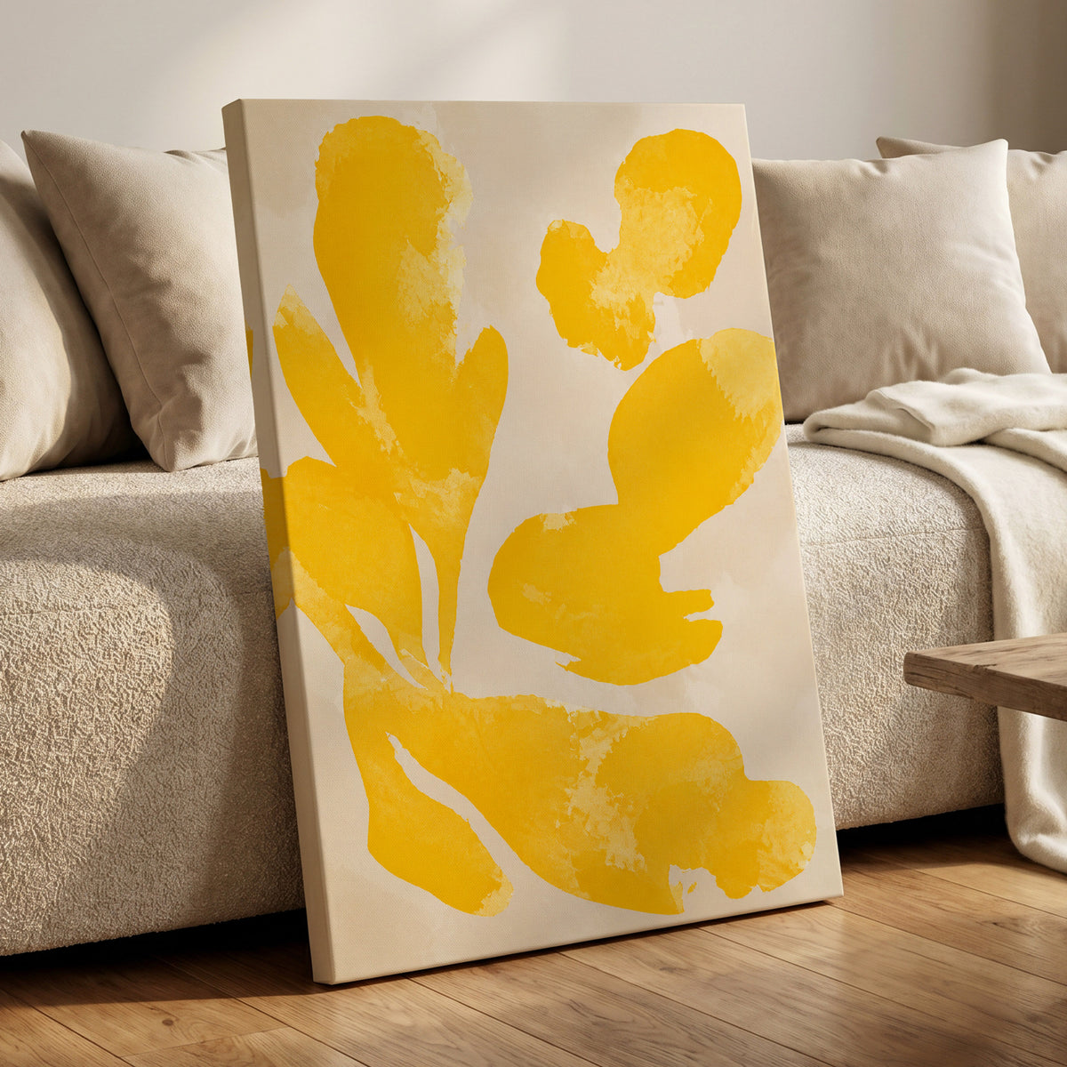Saffron Drift, yellow, beige, white abstract wall art displayed in a styled interior, gallery view 3