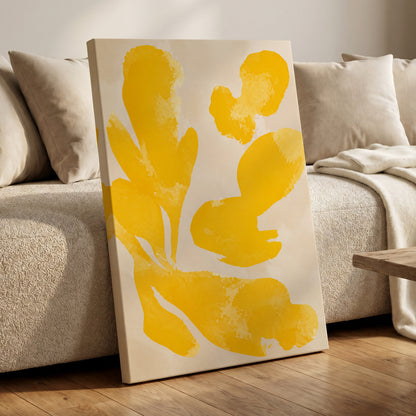 Saffron Drift, yellow, beige, white abstract wall art displayed in a styled interior, gallery view 3