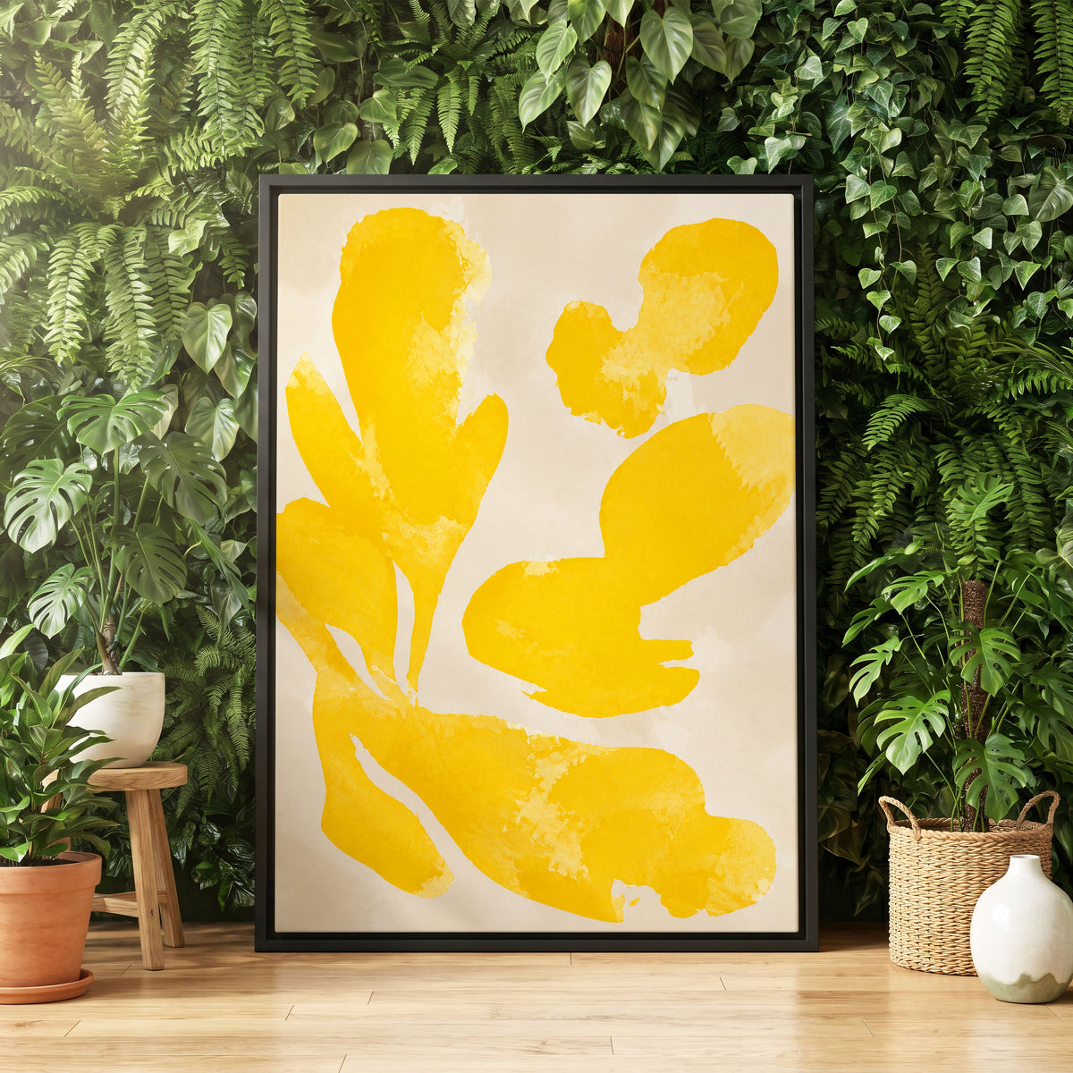 Saffron Drift, yellow, beige, white abstract wall art displayed in a styled interior, gallery view 4