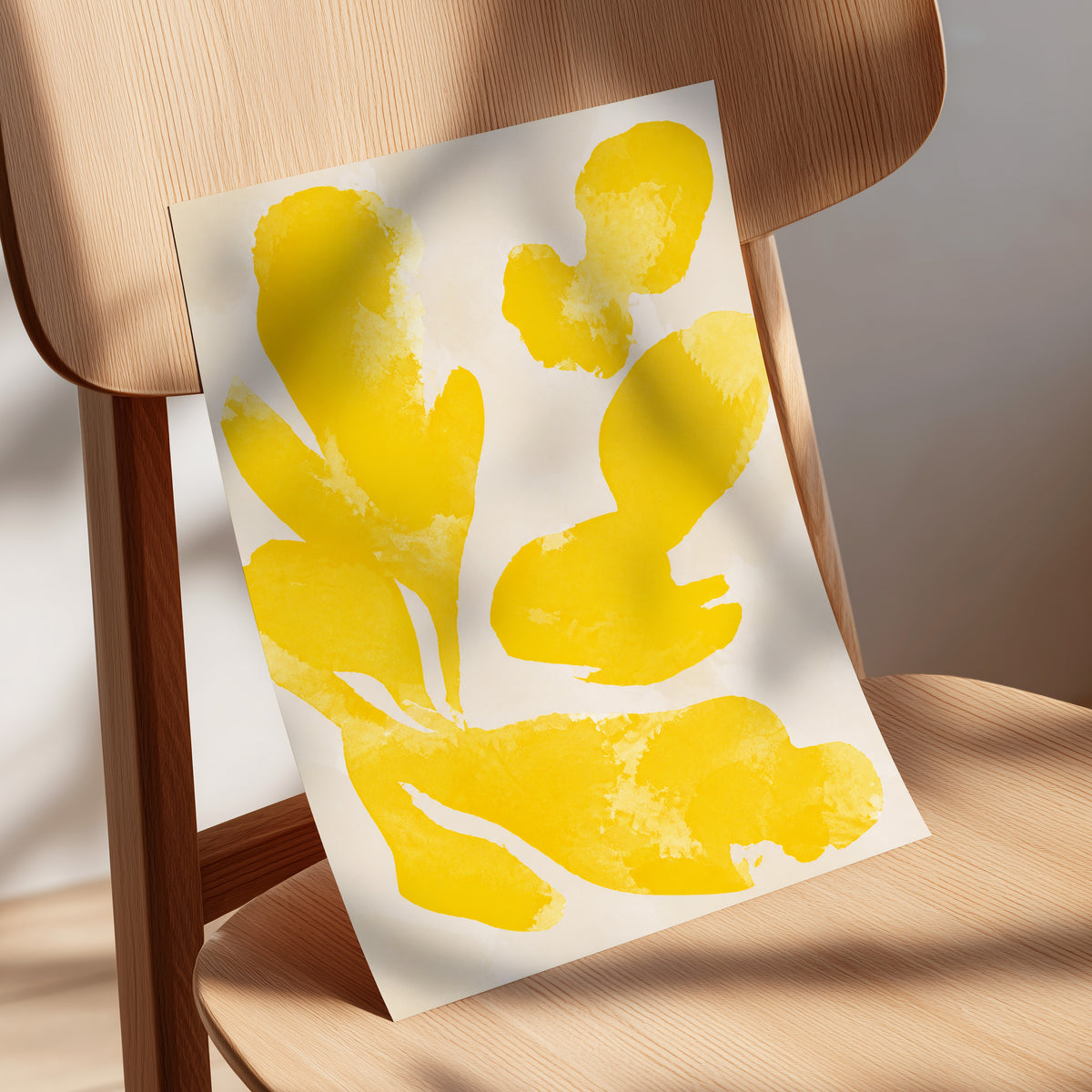Saffron Drift, yellow, beige, white abstract wall art displayed in a styled interior, gallery view 5